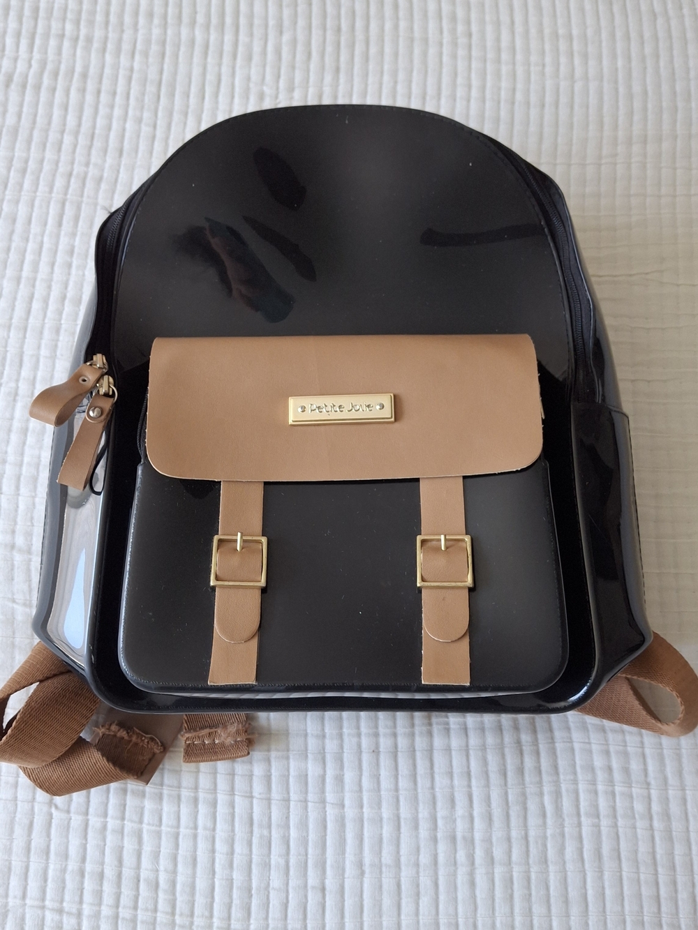 Petite Jolie Black and Brown Formal Backpack With Glossy Finish